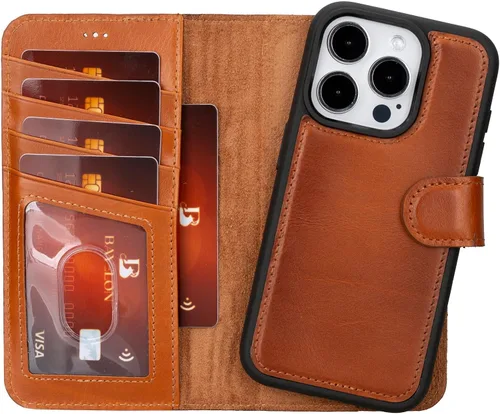 Miniatura 21 de Bayelon Funda tipo cartera para iPhone 15 Pro Max, de cuero de grano completo, cubierta abatible magnética desmontable, tarjetero, funda tipo Marrón
