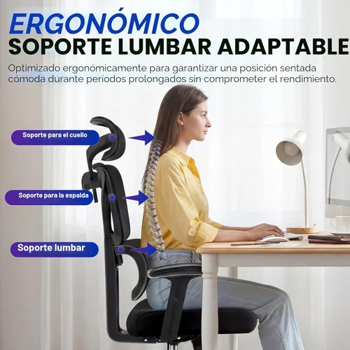 Miniatura 7 de Silla de oficina ergonómica, silla de computadora de malla con respaldo alto con cómodo soporte lumbar adaptativo, colgador de abrigo integrado