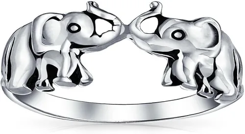 Miniatura 2 de Buena suerte tronco arriba zoológico animal dos elefantes anillo para mujeres para adolescentes oxidado plata esterlina .925