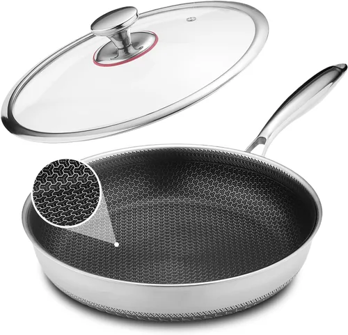 Lazycorner - Sartén antiadherente con tapa, ollas de cocina de acero inoxidable de 12 pulgadas, sin tóxicos, compatible con inducción, libre de