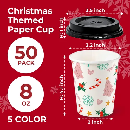 Miniatura 2 de Fit Meal Prep Paquete de 50 tazas de café desechables de Navidad de 8 onzas con tapas, tazas de papel prémium para bebidas frías y calientes, a