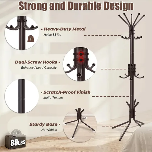 Miniatura 5 de Perchero de metal, árbol de abrigo independiente y árbol de pasillo con 15 ganchos, soporte de abrigo resistente y estante para sombreros, colgador