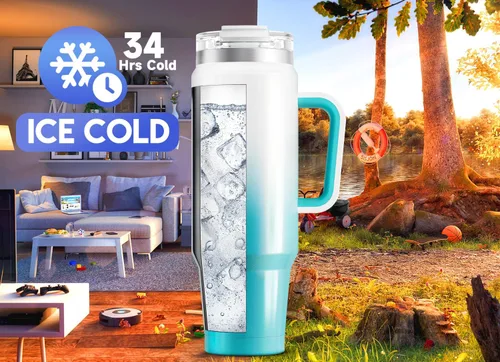 Miniatura 2 de Meoky Vaso de 40 onzas con asa y pajita, vaso aislado con tapa y popote, taza de viaje de acero inoxidable, mantiene el frío durante 34 horas, 100%