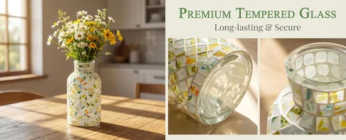 Miniatura 4 de Jarrón verde de vidrio de mosaico hecho a mano, florero floral de vidrio templado de 7.9 pulgadas con arte de azulejos diagonales de 45°, florero