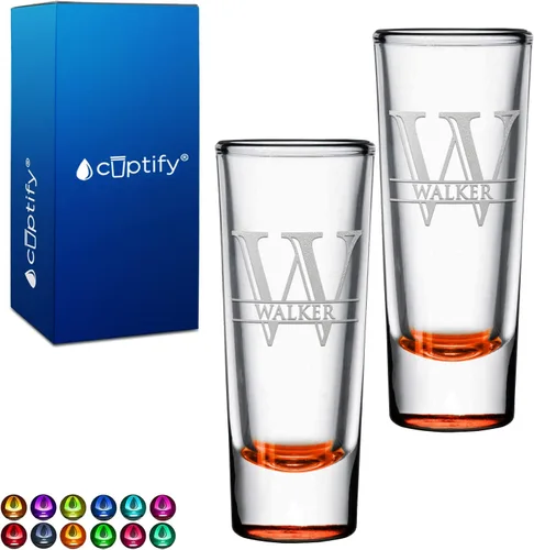 Miniatura 51 de Vaso de chupito personalizado con fondo verde azulado personalizado de 2 oz, vasos de chupito cordial con inicial en script dividido y nombre