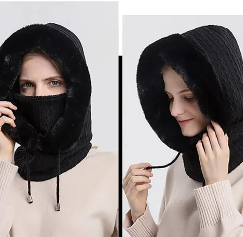 Miniatura 3 de Gorro de lana de una pieza para mujer, bufanda, pasamontañas, cálido, invierno, resistente al viento, con cordón