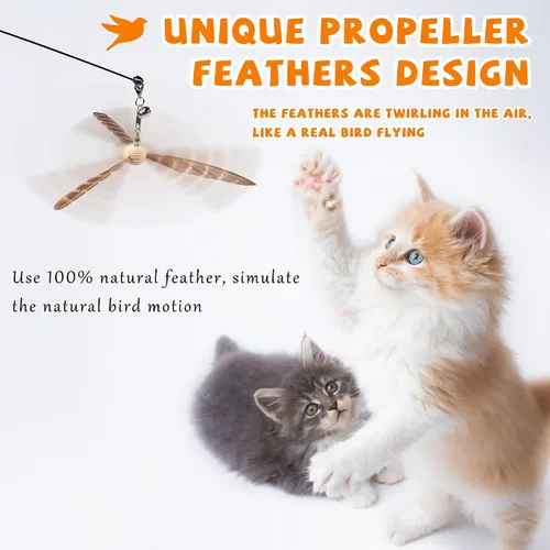 Miniatura 2 de JXFUKAL Juguetes de varita para gatos, juguetes interactivos para gatos con 3 recargas de plumas, alambre de acero flexible de 29'', mango de madera