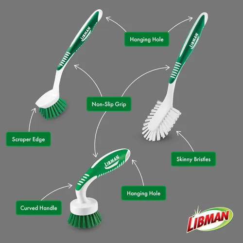 Miniatura 4 de Libman - Juego de cepillos de limpieza verde y blanco, juego de 3 piezas, cepillos multiusos para cocina, lavabos, fregaderos, lavavajillas