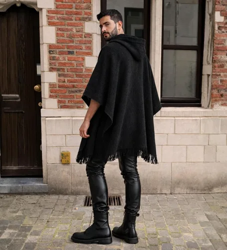 Miniatura 2 de Poncho de lana de alpaca Gamboa para hombre, panchos mexicanos con capucha para adultos, poncho de vaquero y estilo western hippie para hombre