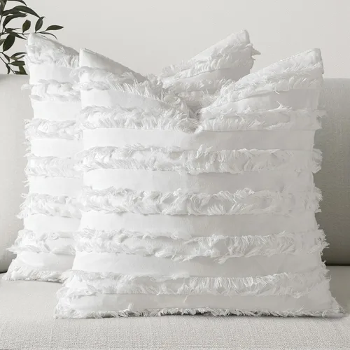 MIULEE - Juego de 2 fundas de cojín decorativas de lino y estilo bohemio, con patrón jacquard a rayas, para sofá, sillón, sala de estar y Blanco