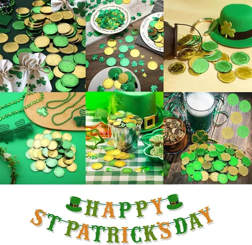 Miniatura 5 de Juego de 156 accesorios para el día de San Patricio, vasos de trébol de 6.8 pulgadas, collares de cuentas de 34 pulgadas, pulseras de goma, monedas