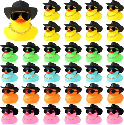 Sotiff Juego de 48 juegos de patos chirriantes de goma para fiesta de automóvil, decoración de tablero con mini collar, sombrero y gafas de sol para