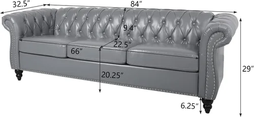 Miniatura 2 de RARZOE Moderno sofá Chesterfield de poliuretano de 3 plazas, sofá Chesterfield tapizado de piel con botones capitoné, sofá clásico de piel sintética