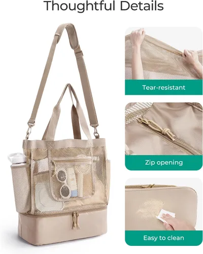 Miniatura 5 de BAGSMART Bolsa de playa para mujeres, bolsas de malla tipo tote con cremallera, esenciales de vacaciones a prueba de arena con enfriador