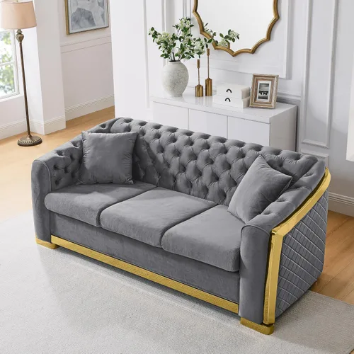 Miniatura 4 de KEIKI Sofá Chesterfield de terciopelo de lujo de gran tamaño de 81 pulgadas con decoración de acero inoxidable dorado, sofá de 3 plazas
