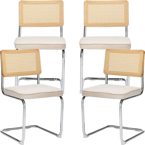 Miniatura 12 de ODUSE-DAILY Black Modern Rattan Dining Chairs Set of 4, Linen Fabric Upholstered Kitchen & Dining Room Chairs Set of 4, Sillas de Comedor, Cane