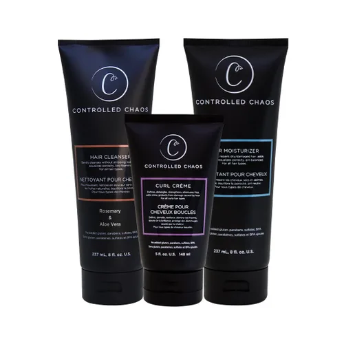 Controlled Chaos Set de cuidado del cabello para cabello rizado, paquete de 3 unidades, incluye champú, acondicionador, crema definidora de rizos