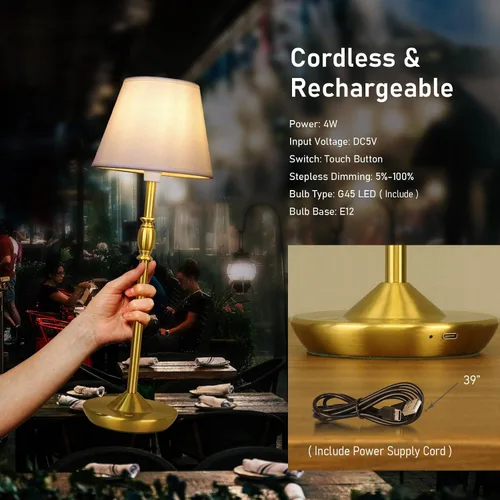 Miniatura 5 de Cordless Table Lamp Portable Small LED Touch Lamp with Dimmer, 18" 2700K Rechargeable Battery Light for Bedside, Dining Room, Bedroom Lamp, Patio