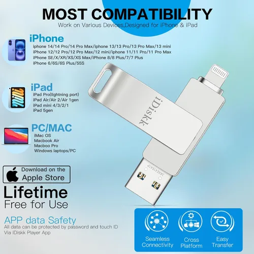 Miniatura 7 de App-le Certificado Mfi 128GB iDiskk iPhone Flash Drive, para Fotos y Videos, Stick de Fotos, Flash Drive para iPad, Almacenamiento USB para iPhone