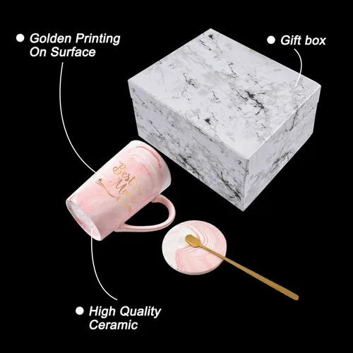 Miniatura 5 de YHRJWN Best Dad and Mom Marble Ever - Juego de tazas de café con caja de regalo, posavasos y cuchara para Navidad, cumpleaños, regalo para padres