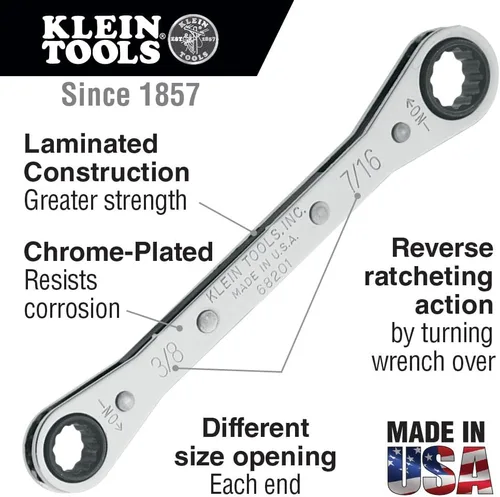 Miniatura 2 de KLEIN TOOLS 68206 Llave de caja de trinquete, fabricada en EE. UU., 13/16 pulgadas x 7/8 pulgadas con trinquete inverso y acabado cromado