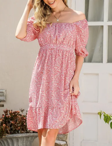 Miniatura 5 de KOJOOIN Vestido de maternidad de verano para mujer, lazo en la espalda, cuello cuadrado, manga abombada, hombros descubiertos, vestido de baby shower