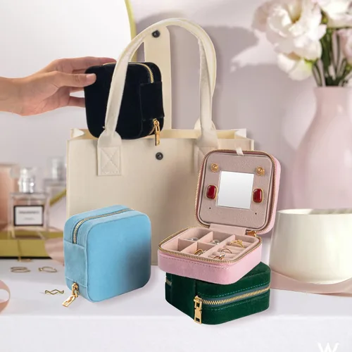 Miniatura 6 de Smileshe Joyero de terciopelo para mujeres y niñas, pequeño organizador de viaje con espejo, mini estuche de regalo portátil, cajas