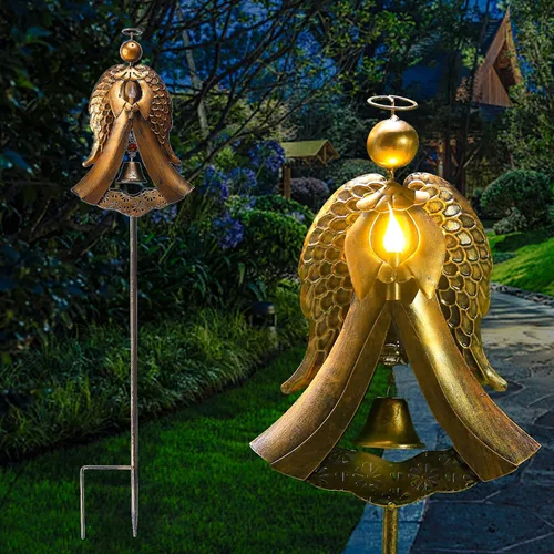 Homight Luz solar de estaca de jardín – Ángel de metal solar cálida estaca luz regalo conmemorativo – Campana de ángel de bronce al aire libre