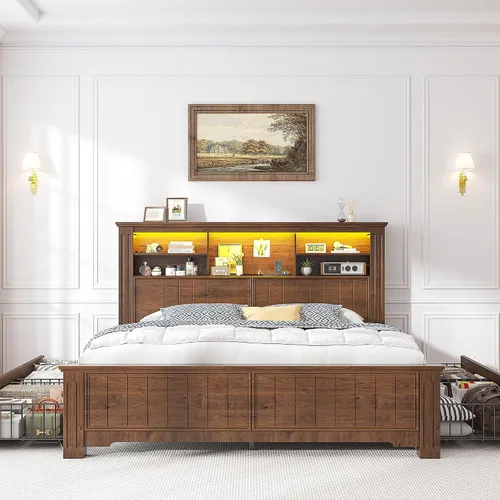 Miniatura 3 de EnHomee Marco de cama tamaño completo con cabecero, marco de cama completo con 4 cajones, puerto de carga y LED, cama estilo granja completa