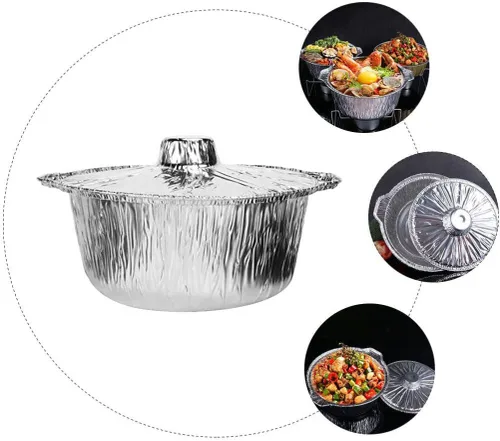 Miniatura 4 de Yardwe Sartenes redondos de papel de aluminio con tapas, 5 latas de aluminio desechables, contenedor de alimentos, moldes de papel de aluminio