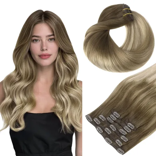 HOTBANANA - Extensiones de cabello humano con pinzas, color castaño nogal ombré a castaño ceniza y rubio decolorado, 4.23 onzas, cabello humano