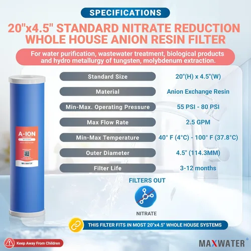 Miniatura 3 de Max Water Sistema de tanino + nitratos de 1 etapa - Heavy Duty - Sistemas de aniones y filtros de repuesto de aniones - 20 x 4.5, NPTF de 1 pulgada