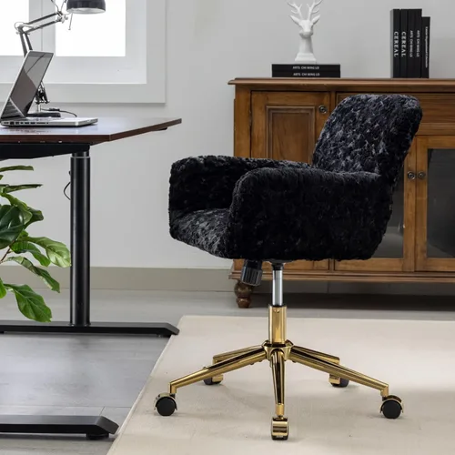 Miniatura 5 de HomVent Bonita silla de oficina peluda, moderna silla de piel sintética negra con ruedas y base dorada, silla giratoria ergonómica ajustable