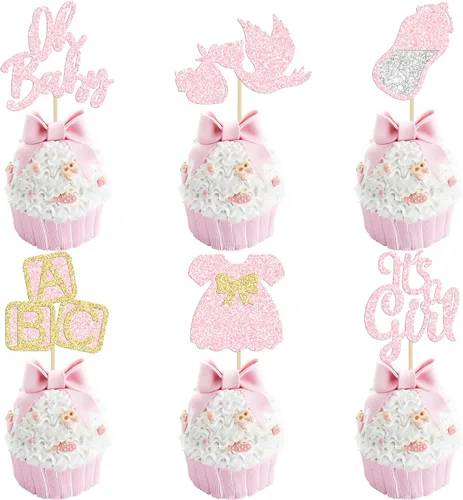 Miniatura 14 de 24 piezas de decoración para cupcakes de baby shower Oh Baby con moño, botella para niño, azul profundo, purpurina para pasteles, decoraciones