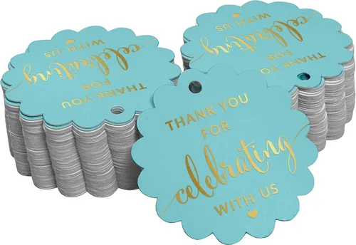 Paquete de 50 etiquetas de papel con texto en inglés "Thank You for Celebrating with Us Bridal Shower-Baby Shower-Retirement-Wedding-Birthday Favor