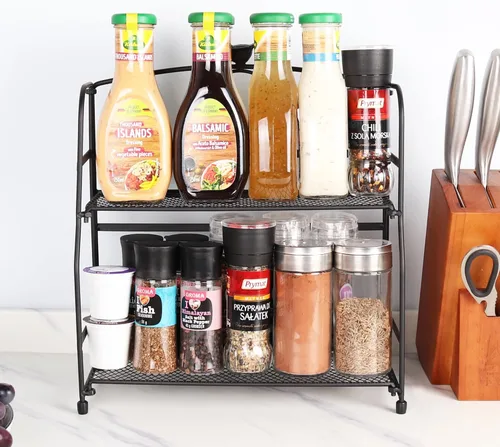 Miniatura 6 de Estante para especias de 2 niveles, soporte para botellas de condimentos, metal negro, antideslizante, plegable, para cocina, baño, encimera