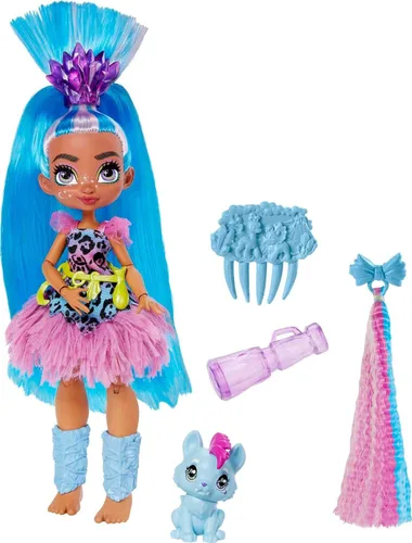 Mattel Cave Club Tella Doll (10 pulgadas, pelo azul) Muñeca prehistórica poseible de moda con mascota dinosaurio y accesorios, regalo para niños de