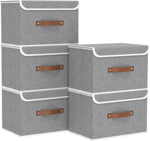 Miniatura 10 de Yawinhe SNK024BEN-1 Cajas de almacenamiento plegables, cestas apilables de tela de lino, contenedor con tapa y asa de cuero, lavable, para el hogar