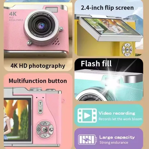 Miniatura 4 de Cámara digital 4K para fotos, cámara retro portátil con pantalla abatible, cámara retro compacta para exteriores (negro, 1 juego)