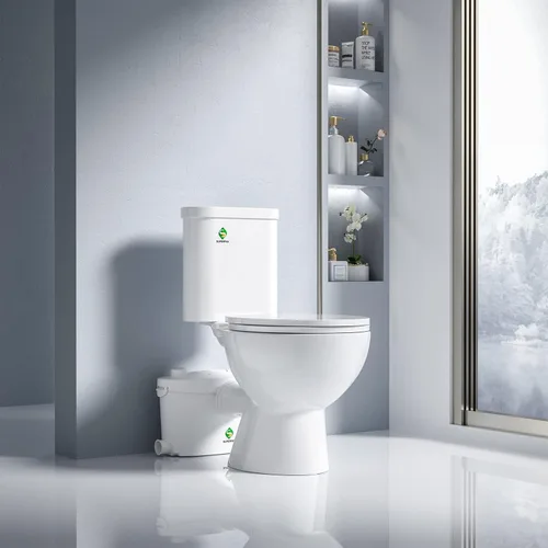 SUPERFLO Inodoro ascendente para sistema de inodoro macerador de sótano con bomba maceradora y inodoro de dos piezas con 4 entradas de agua para