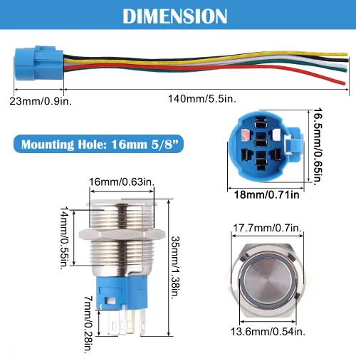 Miniatura 4 de 2 unids 0.630 in metal pestillo interruptor de botón 12V-24V ON-Off 5Pins 1NO 1NC con coleta para agujero de montaje de 5/8 pulgadas impermeable Azul