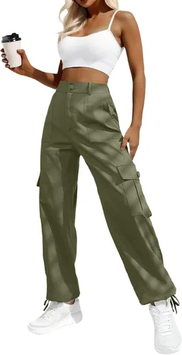 Lepunuo Pantalones cargo de cintura alta para mujer, pantalones de viaje Y2K Streetwear holgados elásticos con 6 bolsillos con cordón en los tobillos