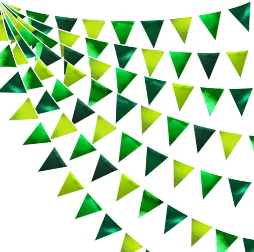 Miniatura 46 de Decoración de fiesta iridiscente de 33 pies, tela holográfica, banderín triangular, banderín de algodón, guirnalda de banderines para cumpleaños
