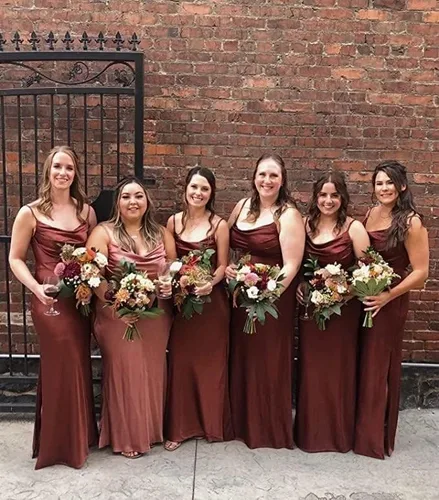 Miniatura 3 de Vestidos de dama de honor de sirena de satén para boda, con tirantes delgados, vestido formal con abertura y cuello vuelto, vestido de noche