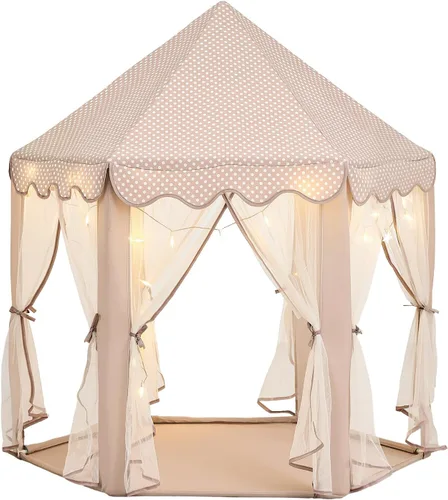 Miniatura 8 de wilwolfer Tienda de campaña tipo castillo de princesa para niñas, tienda de campaña hexagonal grande para jugar, casa de juegos con luces de Tienda