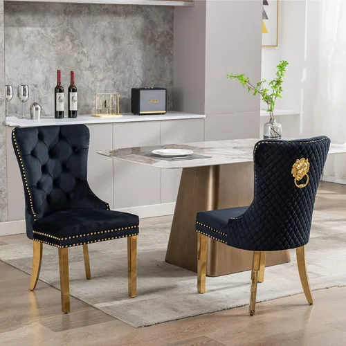 Miniatura 2 de KCC Juego de 2 sillas de comedor tapizadas de terciopelo, modernas sillas capitoné con botones con anillo de cabeza de león y patas de acero Patas