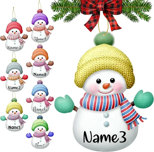 Miniatura 20 de Adornos de Navidad personalizados con nombres, muñeco de nieve, 8 piezas, adorno familiar personalizado, decoración colgante de madera para árbol