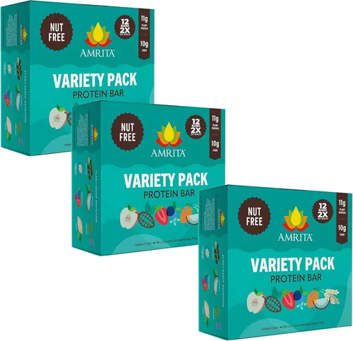 Amrita Pack Variado Sin Frutos Secos de Barras de Proteína Veganas (Paquete de 12 x 3) | Barra de Proteína a Base de Plantas de 11g a 12g | Sin