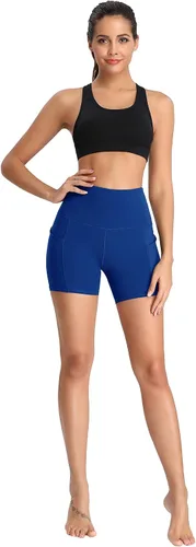 Miniatura 3 de Oalka Pantalones cortos de yoga para mujer, con bolsillos laterales, cintura alta, para entrenamiento, correr, deportes, 4 pulgadas