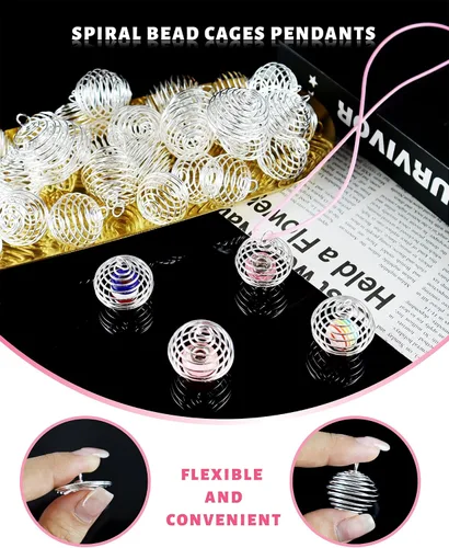 Miniatura 3 de JIALEEY Colgantes de jaulas de cuentas en espiral, 100 unidades de 0.98 x 1.18 pulgadas (0.984 x 1.181 in) chapadas en plata para collar y jaulas